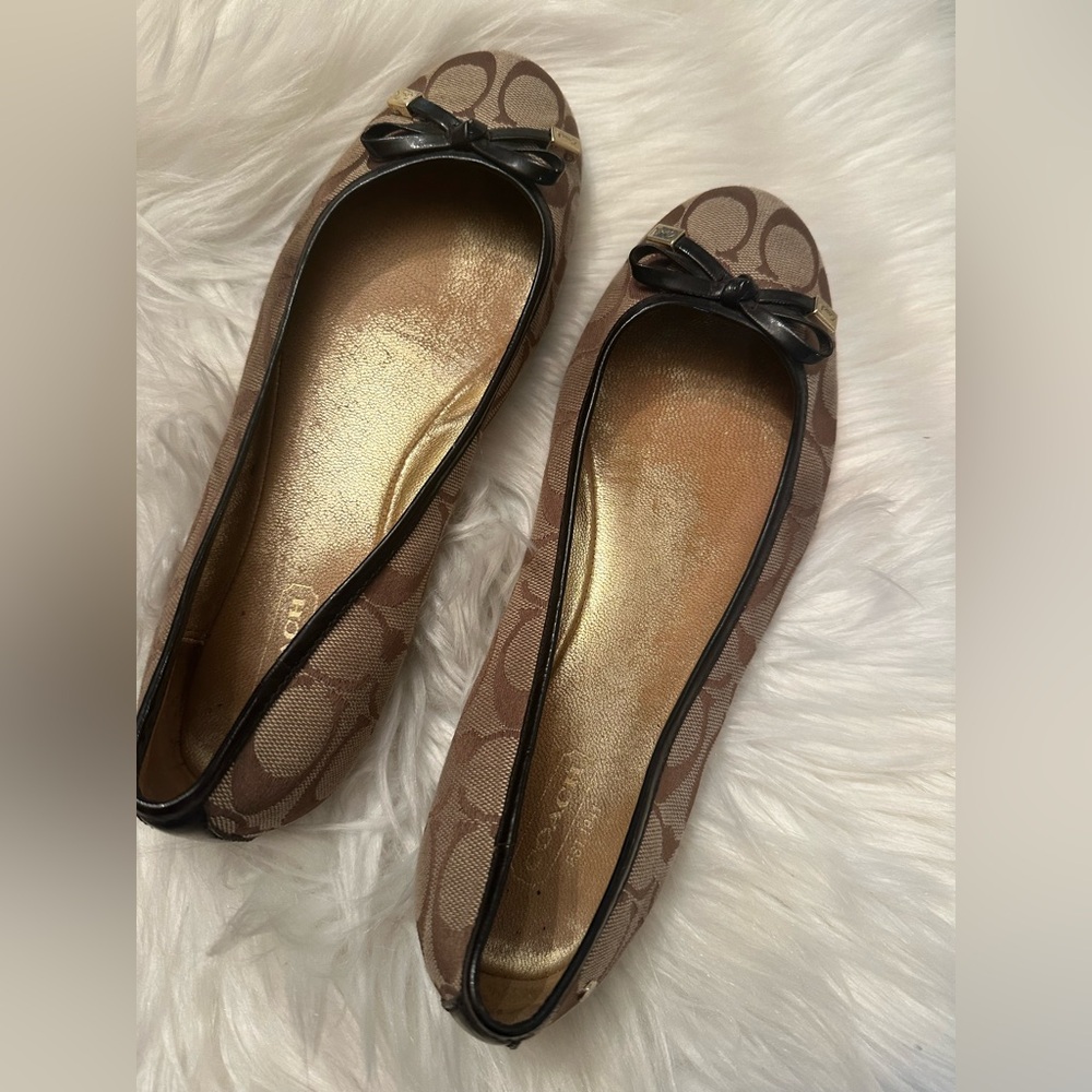 Coach Dottie Classic Tan Loafers with Black Bow Accent